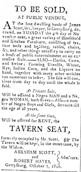 1806 Advertisement to settle the estate of James Scott, deceased, including the private sale of all of his slaves.
